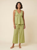 Vera light green linen loungewear set front on model