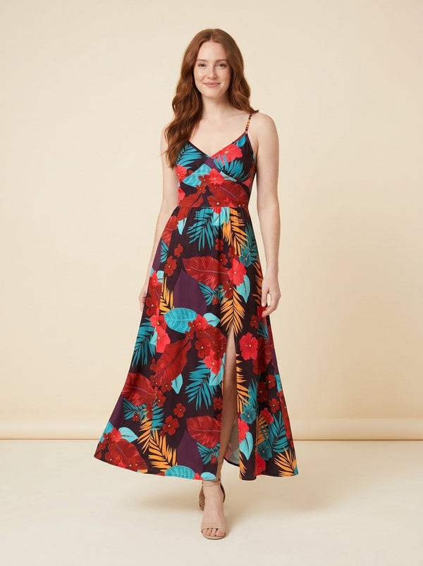 Vera floral maxi dress FireBrick red tropical print front on model