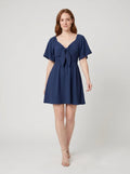 Vera V-neck bow tie mini dress navy blue on model
